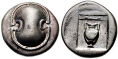 250962. Sold For $495 BOEOTIA, Thebes. Circa 480-456 BC. AR Drachm (18mm, 5.56 gm). Boeotian shield / Amphora in incuse square. BMC Central Greece pg. 69, 19; SNG Copenhagen 261. Good VF, lightly tone