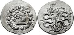 734223. Sold For $225 MYSIA, Pergamon. Circa 133-67 BC. AR Cistophoric Tetradrachm (12.63 gm). Struck circa 98-95 BC. Cista mystica with serpent; all within ivy wreath / Bow-case with serpents; monogr