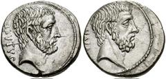 253575. Sold For $795 M. Junius Brutus. 54 BC. AR Denarius (18mm, 3.89 gm). bare head of L. Junius Brutus right; BRVTVS behind / Bare head of C. Servilius Ahala right; AHALA behind. Crawford 433/2; Sy