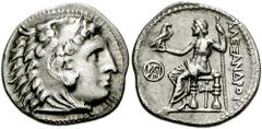 190097. Sold For $165 KINGS of MACEDON. Alexander III. 336-323 BC. AR Drachm (20mm, 4.02 gm). Miletos mint. Struck under Demetrios Poliorketes, 295/4 BC. Head of Herakles right, wearing lion's skin he