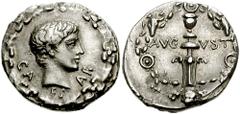 190306. Sold For $1450 Augustus (for Caius Caesar?). 27 BC-14 AD. AR Denarius (18mm, 3.81 gm). Uncertain mint. Struck circa 17 BC. CA-ES-AR, bare, youthful head (Caius Caesar?) right within oak wreath
