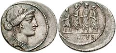 736540. Sold For $465 M. Junius Brutus. 54 BC. AR Denarius (19mm, 3.60 gm). Bust of Liberty right; LIBERTAS behind / The consul L. Junius Brutus walking left between two lictors preceded by an accensu