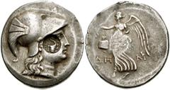 191714. Sold For $495 PAMPHYLIA, Side. Circa 200-190 BC. AR Tetradrachm (28mm, 16.78 gm). Head of Athena right, wearing crested Corinthian helmet; c/m: bow in bow-case with ΠEΡ-ΓA around / Nike advanc