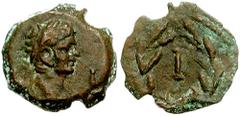192159. Sold For $135 EGYPT, Alexandria. Nero. 54-68 AD. Æ Dichalkon (12mm, 0.92 gm). Dated year 10 (63/4 AD). Anepigraphic; laureate head right; L I (date) across field / Large I within wreath. Cf. K