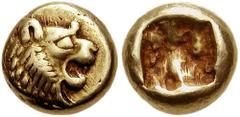 737440. Sold For $750 KINGS of LYDIA. Uncertain King. Early 6th century BC. EL Twelfth Stater ­ Hemihekte (7mm, 1.17 gm). Head of roaring lion right, sun on forehead / Incuse punch. Weidauer 90; BMC L