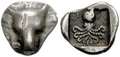 737880. Sold For $295 EUBOEA, Eretria. Circa 500-465 BC. AR Obol (8mm, 0.61 gm). Facing head of cow / Octopus in incuse square. BCD 324 (same dies); BMC Central Greece pg. 122, 33; SNG Copenhagen 473.
