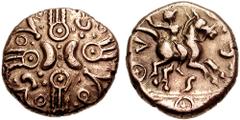 194295. Sold For $1495 CELTIC, Britain. Catuvellauni. Tasciovanos. Circa 20 BC-10 AD. AV Stater (17mm, 5.40 gm). Celtic Warrior Type. Crossed-wreath motif with two opposed crescents and four-ringed pe