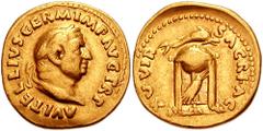 194618. Sold For $6500 VITELLIUS. 69 AD. AV Aureus (19mm, 7.18 gm). Rome mint. Struck April-December 69 AD. A VITELLIVS GERM IMP AVG TR P, laureate head right / XV VIR SACR FAC, Tripod-lebes surmounte