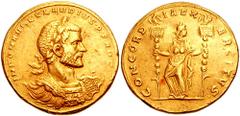 194624. Sold For $37500 CLAUDIUS II GOTHICUS. 268-270 AD. AV 8 Aurei Medallion (36mm, 38.32 gm). Mediolanum (Milan) mint. Struck circa 269 AD. IMP C M AVRL CLAVDIVS P F AVG, laureate and cuirassed bus