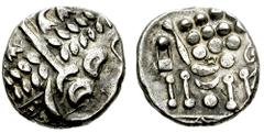153522. Sold For $295 CELTIC, Britain. The Atrebates. Circa 75-60 BC. EL Stater (20mm, 5.43 gm). Westerham type. Devolved head of Apollo right / Celtic horse left; block of pellets above, one pellet b