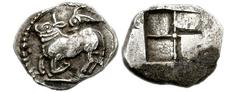 750344. Sold For $895 THRACO-MACEDONIAN TRIBES, The Orreskioi. Circa 479-465 BC. AR Diobol (13mm, 1.06 gm). Bull standing left; above, dolphin left / Quadripartite incuse square. AMNG III 7 = HPM pl. 