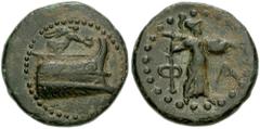 750604. Sold For $95 LYCIA, Phaselis. Circa 190-167 BC. Æ 19mm (5.45 gm, 12h). Prow of galley right; above, Nike flying right, holding wreath / Φ, Athena Promachos advancing right, brandishing spear a