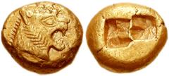 751531. Sold For $1875 KINGS of LYDIA. Uncertain King. Early 6th century BC. EL Third Stater - Trite (13mm, 4.71 gm). Head of roaring lion right, sun with multiple rays on forehead / Double incuse pun