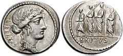 751922. Sold For $795 M. Junius Brutus. 54 BC. AR Denarius (19mm, 3.96 gm, 7h). Bust of Liberty right, no jewels in hair above forehead; LIBERTAS to left / The consul L. Junius Brutus walking left bet