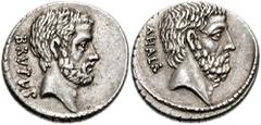 751921. Sold For $1450 M. Junius Brutus. 54 BC. AR Denarius (18mm, 3.83 gm, 9h). Bare head of L. Junius Brutus right; BRVTVS to left / Bare head of C. Servilius Ahala right; AHALA to left. Crawford 43