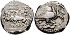 752536. Sold For $18750 SICILY, Akragas. Circa 410 BC. AR Tetradrachm (24mm, 17.52 gm, 9h). Reverse die signed by Silanos. AKΡAΓ/ANTIN-ON in two lines on a hanging tablet (the second line retrograde, 