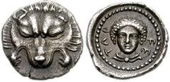 155381. Sold For $2250 DYNASTS of LYCIA. Tlos. Circa 450-430 BC. AR Diobol (12mm, 1.31 gm, 4h). Facing lion's scalp / TΛΡ-FE, laureate and draped facing bust of Apollo. Falghera n.417 = SNG von Aulock