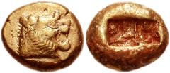 753225. Sold For $1895 KINGS of LYDIA. Uncertain King. Early 6th century BC. EL Third Stater - Trite (13mm, 4.72 gm). Head of roaring lion right, sun with multiple rays on forehead / Double incuse pun