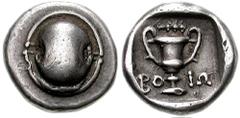 755355. Sold For $450 BOEOTIA, Thebes. Confederate coinage. Circa 395-386/2 BC. AR Triobol (13mm, 2.69 gm, 6 or 12h). Boeotian shield / Amphora; club above, BO-IW across field; all within inucse squar