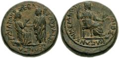 157073. Sold For $295 LYDIA, Sardis. Tiberius. 14-37 AD. Æ 18mm (5.16 gm, 12h). Julius Kleon and Memnon, magistrates. ΣEBAΣTOΣ KAIΣA-ΡEΩN ΣA-ΡΔIANΩN, Tiberius standing facing left, raising up a kneeli