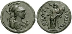 157579. Sold For $195 LYDIA, Thyateira. 3rd century AD. Æ 20mm (4.78 gm, 1h). Anepigraphic, bust of Athena right, wearing crested Corinthian helmet and aegis, holding spear over shoulder / ΘVATEI-P-HN
