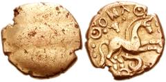 262847. Sold For $975 CELTIC. Cantiaci. Dubnovellaunus. Circa 30-10 BC. AV Stater (17mm, 5.39 g). Undefined parallel banding / Horse prancing right; above, bucranium, pellets, and pellet-in-rings; ser