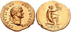 160322. Sold For $7500 DOMITIAN. As Caesar, 69-81 AD. AV Aureus (19mm, 7.38 g, 6h). Rome mint. Struck 77-78 AD. DOMITIANVS CAESAR AVG F, laureate head right / COS V in exergue, captive kneeling right,