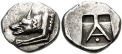 773974. Sold For $3750 ARGOLIS, Argos. Circa 490-470 BC. AR Triobol (15mm, 3.04 g, 12h). Forepart of wolf left; retrograde Σ on neck / Large A; two deep incuses above, pellet below; all within incuse 