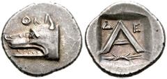 773983. Sold For $1450 ARGOLIS, Argos. Circa 270-250 BC. AR Obol (11mm, 0.77 g, 8h). Head of wolf left; Q above / Large A; Δ-E above, thunderbolt below; all within incuse square. BCD Peloponnesos 1107