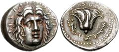 775463. Sold For $975 ISLANDS off CARIA, Rhodos. Rhodes. Circa 250-229 BC. AR Didrachm (21mm, 6.82 g, 12h). Mnasimachos, magistrate. Radiate head of Helios facing slightly right / Rose with bud to rig