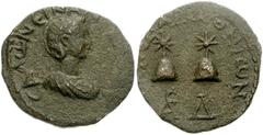775699. Sold For $395 LACONIA, Lacedaemon (Sparta). Salonina. Augusta, AD 254-268. Æ 4 Assaria (23mm, 7.00 g, 8h). Draped bust right, wearing stephane / The two pilei of the Dioscuri, each surmounted 