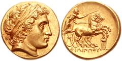 778086. Sold For $8750 KINGS of MACEDON. Philip II. 359-336 BC. AV Stater (18mm, 8.56 g, 12h). Kolophon mint. Struck under Philip III, circa 323-319 BC. Laureate head of Apollo right, with the feature
