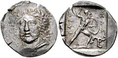 778219. Sold For $8750 DYNASTS of LYCIA. Perikles. Circa 380-360 BC. AR Stater (23mm, 9.66 g, 3h). Struck circa 380-375 BC. Laureate and draped bust of Perikles facing slightly left / "PERIKLE" in Lyc