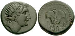 780700. Sold For $495 ISLANDS off CARIA, Rhodos. Rhodes. Circa 88 BC. Æ 26mm (14.35 g, 12h). Radiate head of Helios right / Rose; hook to left, dolphin and trident to right. Ashton, Coinage 179 (A48/P