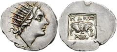 783354. Sold For $895 ISLANDS off CARIA, Rhodos. Rhodes. Circa 88 BC. AR Drachm (18mm, 1.88 g, 12h). Maes, magistrate. Radiate head of Helios right / Rose with bud to right; headdress of Isis to left;