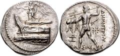 782030. Sold For $3000 KINGS of MACEDON. Demetrios I Poliorketes. 306-283 BC. AR Tetradrachm (27mm, 17.09 g, 7h). Pella mint. Struck circa 293-292 BC. Nike on prow of galley left, blowing trumpet / BA