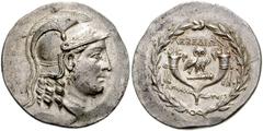 782072. Sold For $4250 IONIA, Lebedos. Circa 160-140 BC. AR Tetradrachm (31mm, 16.10 g, 12h). Stephanophoric type. Apollodotos, magistrate. Head of Athena right, wearing triple-crested and wreathed At