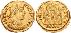 783710. Sold For $19500 Magnus Maximus. AD 383-388. AV Solidus (21mm, 4.58 g, 6h). Londinium (London) mint. Struck AD 384. D N MAG MA-XIMVS P F AVG, rosette-diademed, draped and cuirassed bust right /