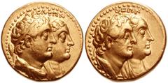 795745. Sold For $4250 PTOLEMAIC KINGS of EGYPT. Ptolemy II Philadelphos, with Arsinöe II, Ptolemy I, and Berenike I. 285-246 BC. AV Tetradrachm (20mm, 13.83 g, 12h). Alexandreia mint. Struck after 26