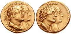 799243. Sold For $5750 PTOLEMAIC KINGS of EGYPT. Ptolemy II Philadelphos, with Arsinöe II, Ptolemy I, and Berenike I. 285-246 BC. AV Tetradrachm (20mm, 13.78 g, 12h). Alexandreia mint. Struck circa 26