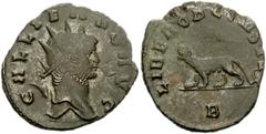 800686. Sold For $35 Gallienus. AD 253-268. Antoninianus (20mm, 2.78 g, 11h). Rome mint, 2nd officina. 10th emission, AD 267-268. Radiate head right / Panther walking left; B. RIC V 230; MIR 36, 713b;