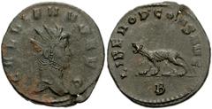 800664. Sold For $45 Gallienus. AD 253-268. Antoninianus (20mm, 3.48 g, 6h). Rome mint, 2nd officina. 10th emission, AD 267-268. Radiate head right / Panther walking left; B. RIC V 230; MIR 36, 713b; 