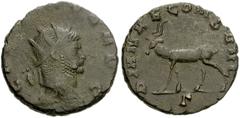 800688. Sold For $25 Gallienus. AD 253-268. Antoninianus (18mm, 3.38 g, 12h). Rome mint, 3rd officina. 10th emission, AD 267-268. Radiate head right / Antelope walking left; Γ. RIC V 181; MIR 36, 716b