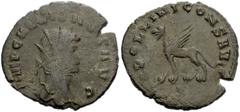 800672. Sold For $35 Gallienus. AD 253-268. Antoninianus (21mm, 2.48 g, 6h). Rome mint, 4th officina. 10th emission, AD 267-268. Radiate head right / Griffin standing left; Δ. RIC V 165; MIR 36, 718z;