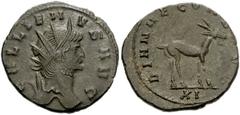 800681. Sold For $65 Gallienus. AD 253-268. Antoninianus (21mm, 3.71 g, 6h). Rome mint, 11th officina. 10th emission, AD 267-268. Radiate head right / Stag walking right; XI. RIC V 179; MIR 36, 747l; 
