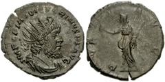 800661. Sold For $45 Victorinus. Romano-Gallic Emperor, AD 269-271. Antoninianus (20mm, 2.75 g, 8h). Treveri (Trier) mint. 2nd emission, AD 269. Radiate, draped, and cuirassed bust right / Pax standin
