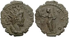 800655. Sold For $25 Tetricus I. Romano-Gallic Emperor, AD 271-274. Antoninianus (19mm, 1.93 g, 12h). Treveri (Trier) mint. 4th emission, AD 272-274. Radiate, draped, and cuirassed bust right / Pax st