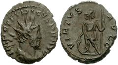 800708. Sold For $35 Tetricus I. Romano-Gallic Emperor, AD 271-274. Antoninianus (19mm, 3.28 g, 6h). Treveri (Trier) mint. 5th emission, AD 274. Radiate, draped, and cuirassed bust right / Virtus stan