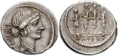 802682. Sold For $895 M. Junius Brutus. 54 BC. AR Denarius (19mm, 4.14 g, 4h). Rome mint. Head of Libertas right / The consul L. Junius Brutus walking left between two lictors preceded by an accensus.