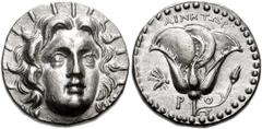 804458. Sold For $16500 ISLANDS off CARIA, Rhodos. Rhodes. Circa 205-190 BC. AR Tetradrachm (23mm, 13.34 g, 12h). Ainetor, magistrate. Radiate head of Helios facing slightly right / Rose with bud to r